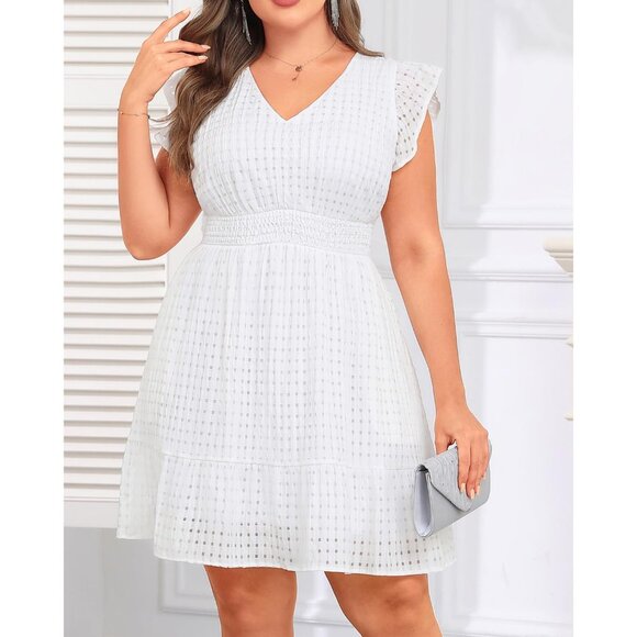 Women's Plus Size Cocktail Dress V-Neck Flutter Sleeves A-Line Pockets - Picture 2 of 6